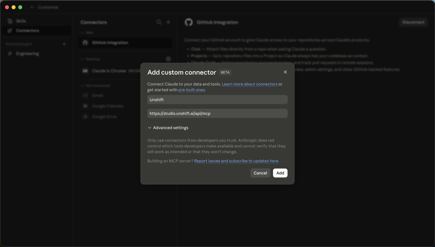 Pasting the Unshift connector URL into Claude's Add custom connector dialog.