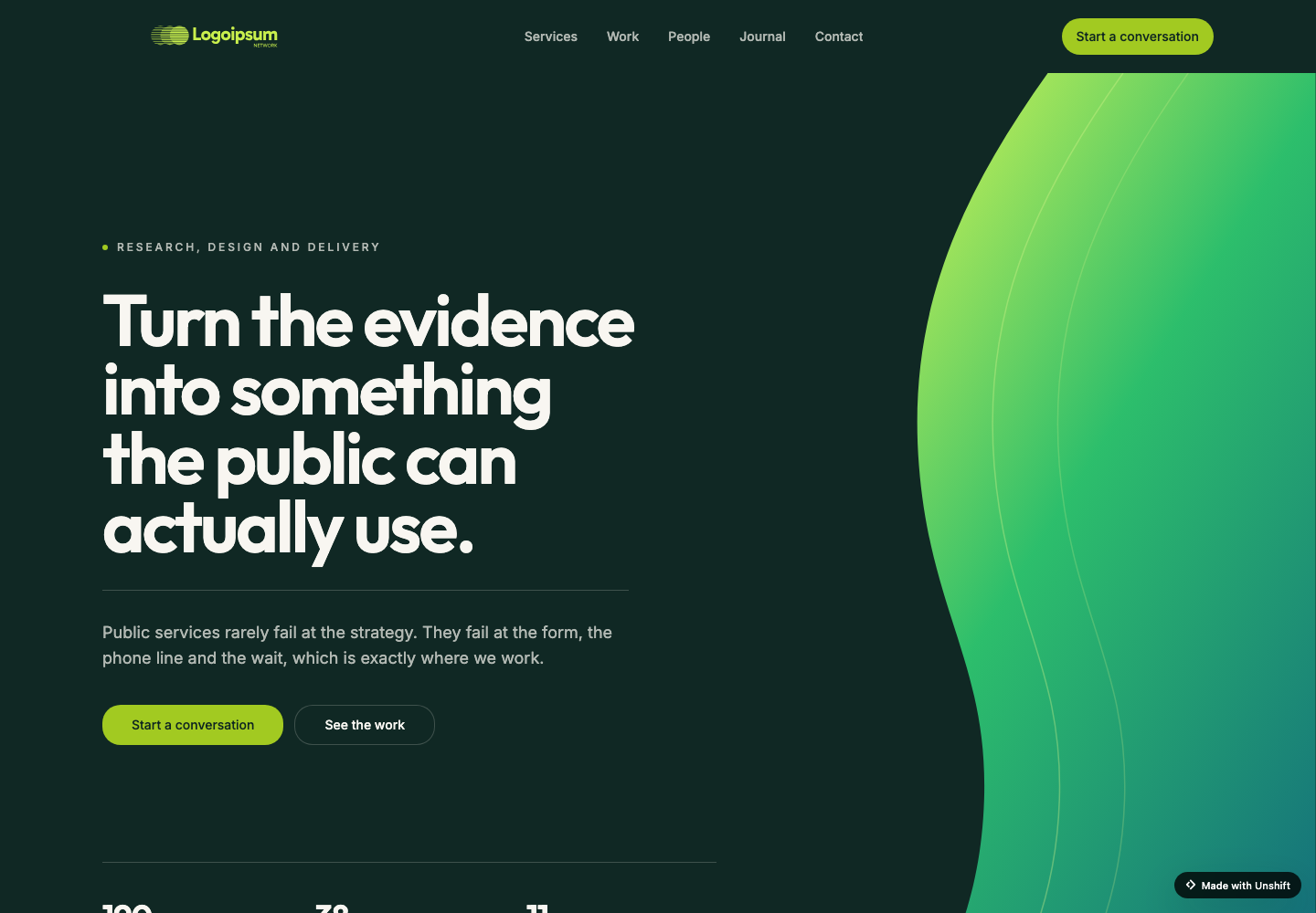 The Quorum template desktop preview, showing its service proposition and navigation.